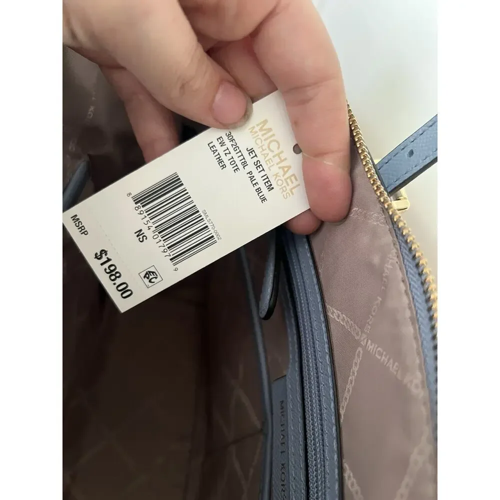 Michael Michael Kors East West Jet Set Tote Pale Ice Blue Leather NWT